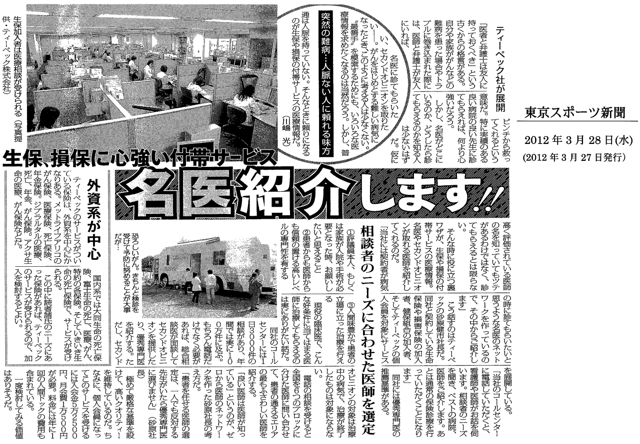 東京スポーツ新聞　2012年3月28日 名医紹介します！！