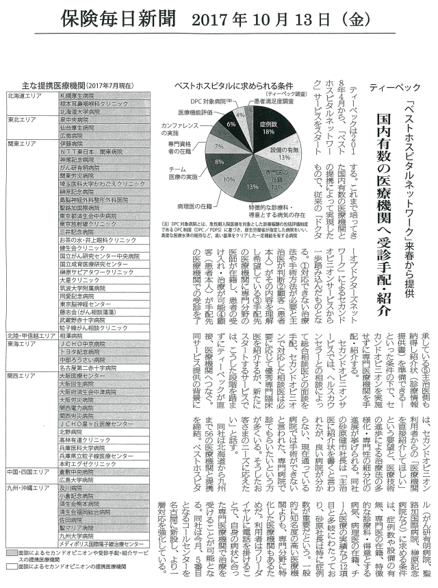 保険毎日新聞　2017年10月13日 国内有数の医療機関へ受診手配・紹介